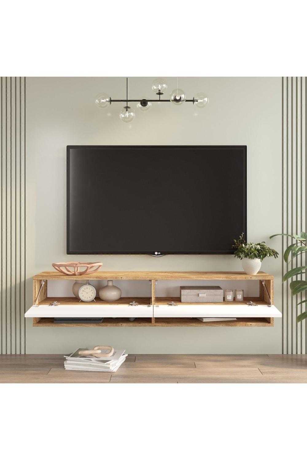 Meuble TV Aven 140 cm avec Étagères et Portes – Pin & Blanc AVE11-AW