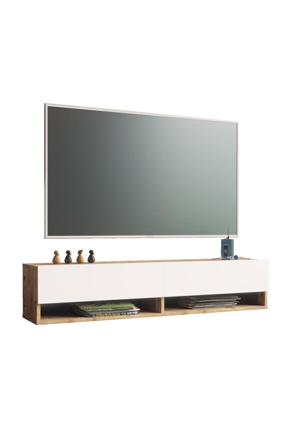 Meuble TV Aven 140 cm avec Étagères et Portes – Pin & Blanc AVE11-AW
