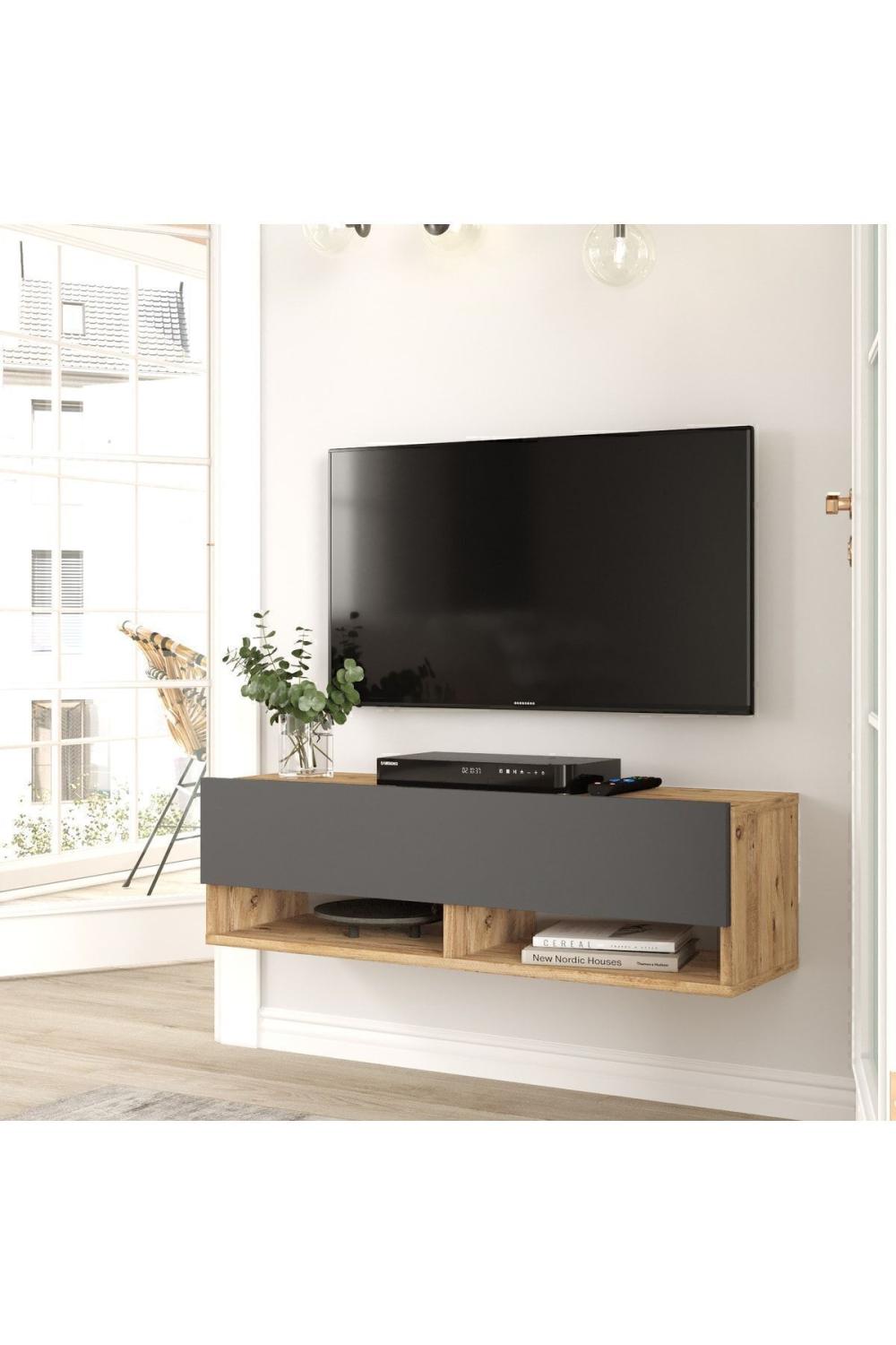 Meuble TV Aven 100 cm avec Étagères et Portes – Pin & Anthracite AVE13-AA