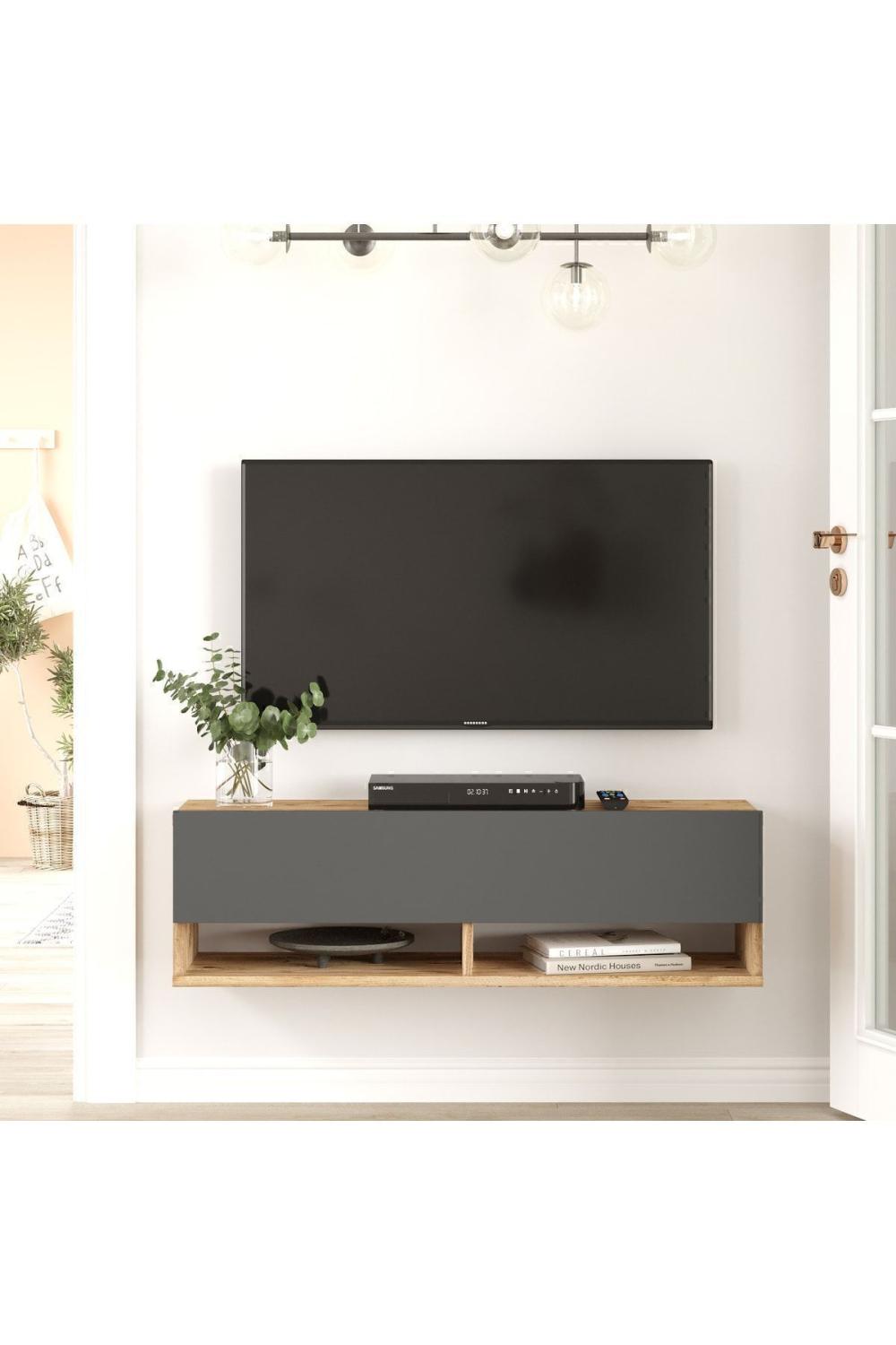 Meuble TV Aven 100 cm avec Étagères et Portes – Pin & Anthracite AVE13-AA
