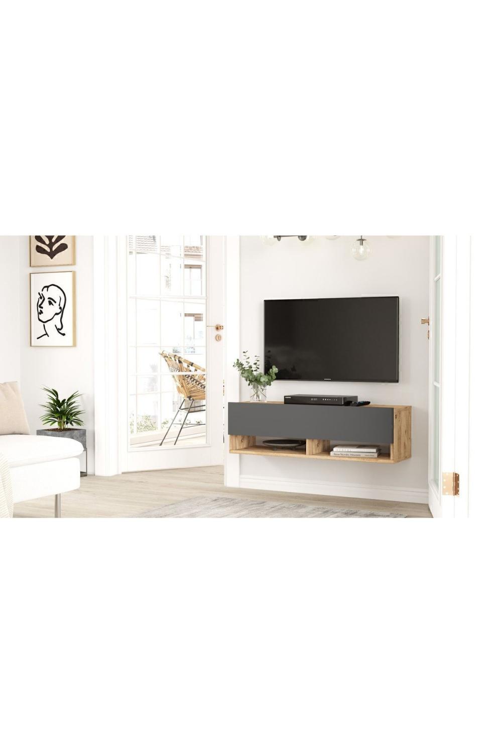 Meuble TV Aven 100 cm avec Étagères et Portes – Pin & Anthracite AVE13-AA