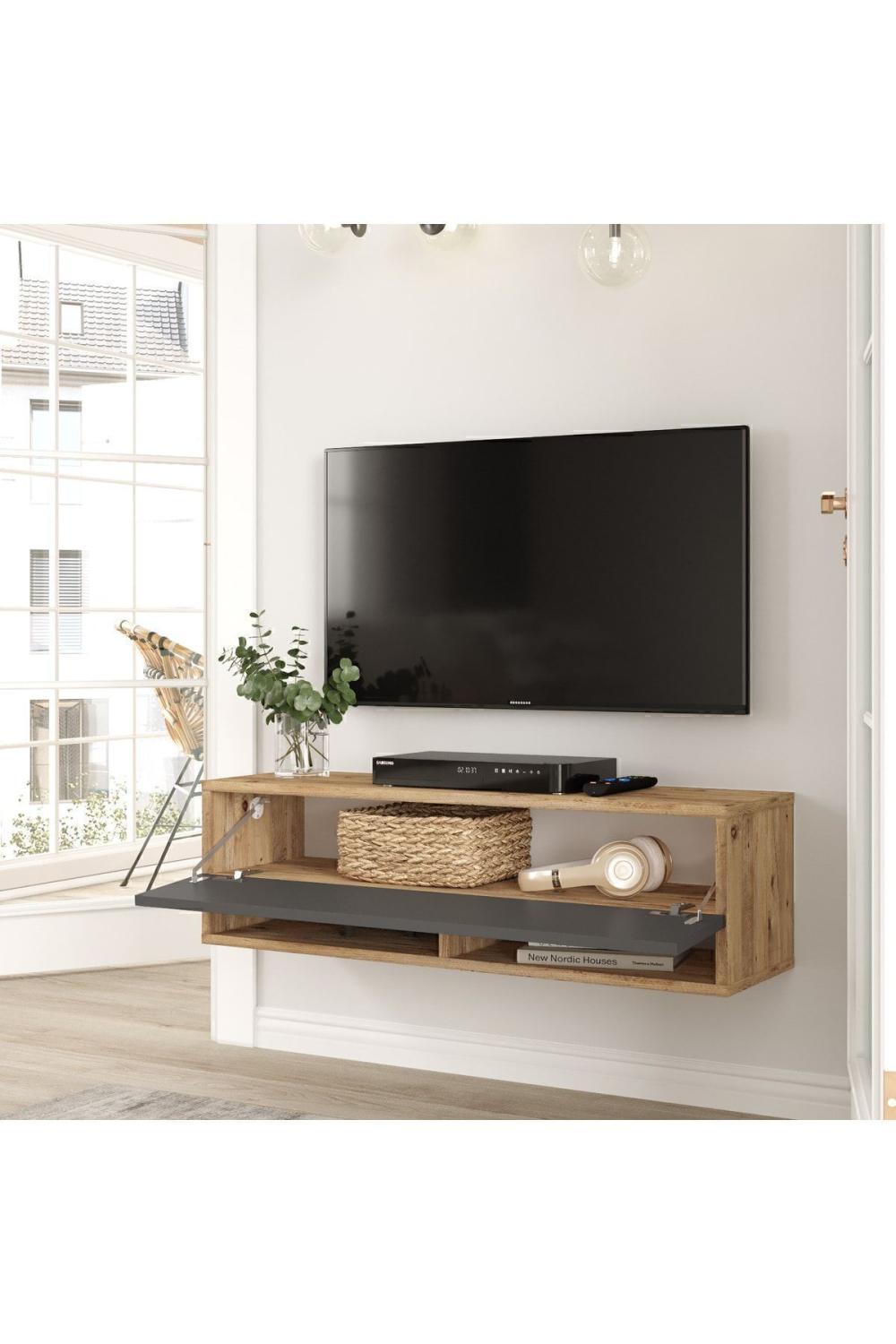 Meuble TV Aven 100 cm avec Étagères et Portes – Pin & Anthracite AVE13-AA