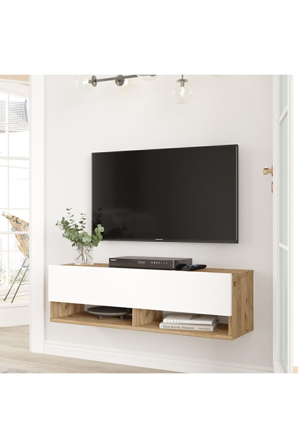 Meuble TV Aven 100 cm avec Étagères et Portes – Pin & Blanc AVE13-AW