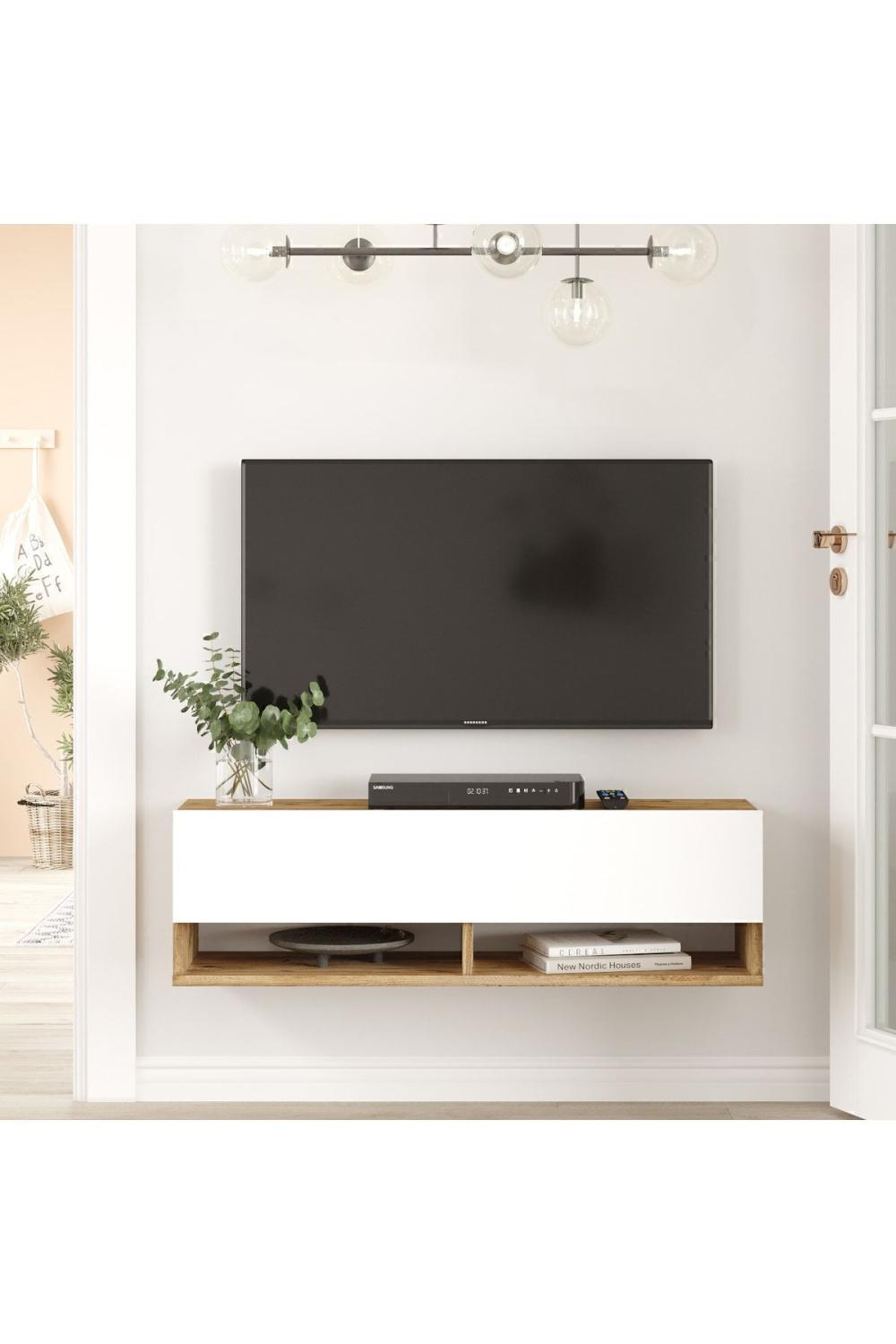 Meuble TV Aven 100 cm avec Étagères et Portes – Pin & Blanc AVE13-AW