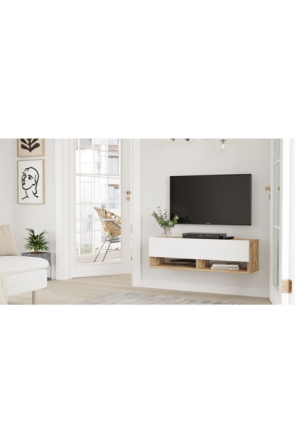 Meuble TV Aven 100 cm avec Étagères et Portes – Pin & Blanc AVE13-AW