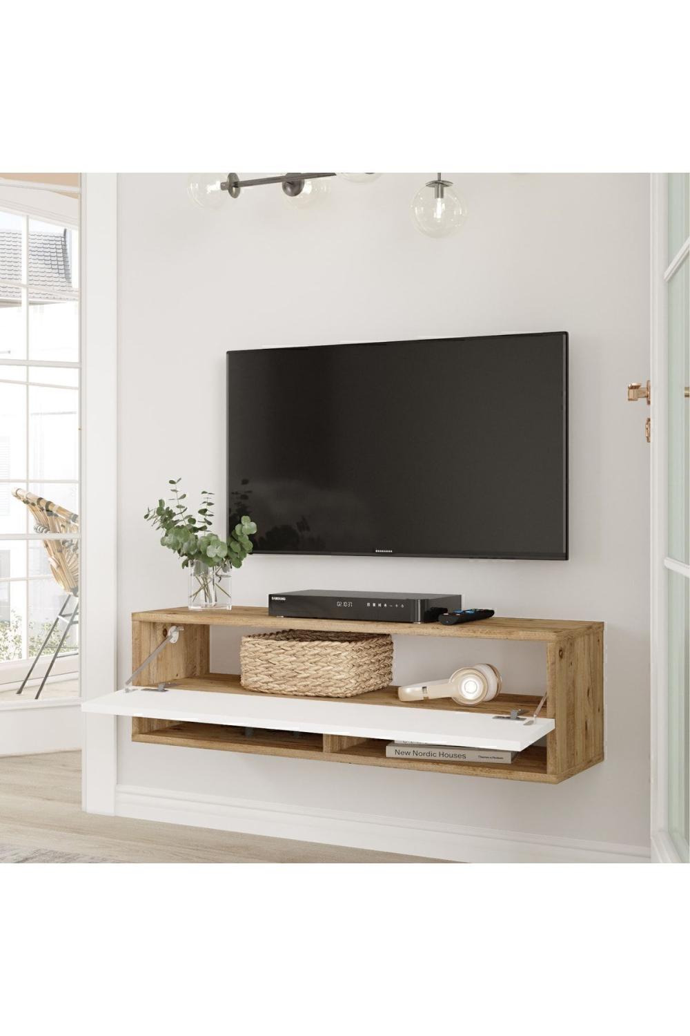 Meuble TV Aven 100 cm avec Étagères et Portes – Pin & Blanc AVE13-AW