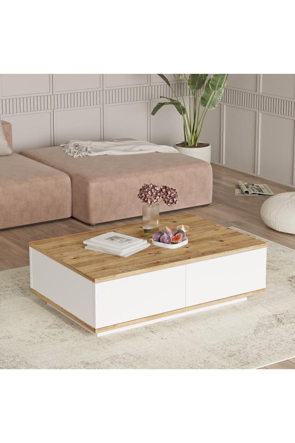Table Basse Aven 60×90 cm avec 2 Portes – Chêne et Blanc AVE14-AW