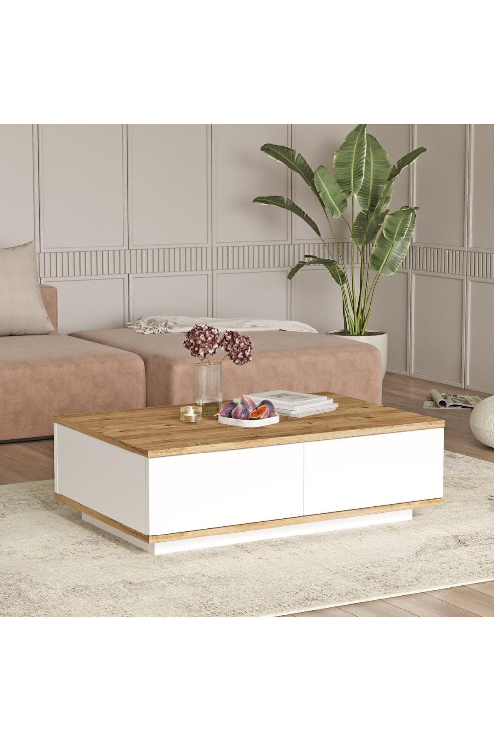Table Basse Aven 60×90 cm avec 2 Portes – Chêne et Blanc AVE14-AW