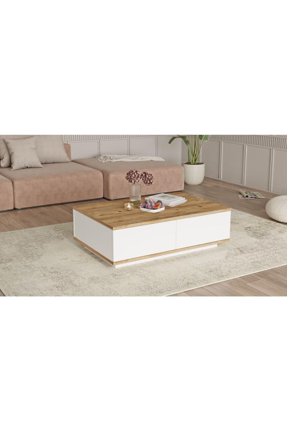 Table Basse Aven 60×90 cm avec 2 Portes – Chêne et Blanc AVE14-AW