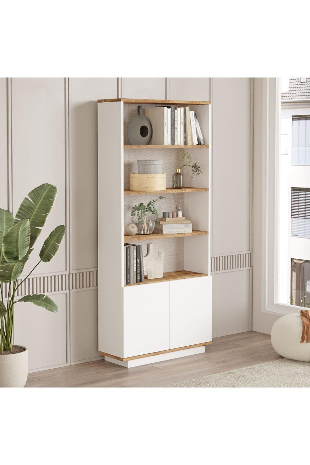 Aven Bibliothèque 168cm Étagère 2 Avec portes À étagères Pin-Blanc AVE16-AW