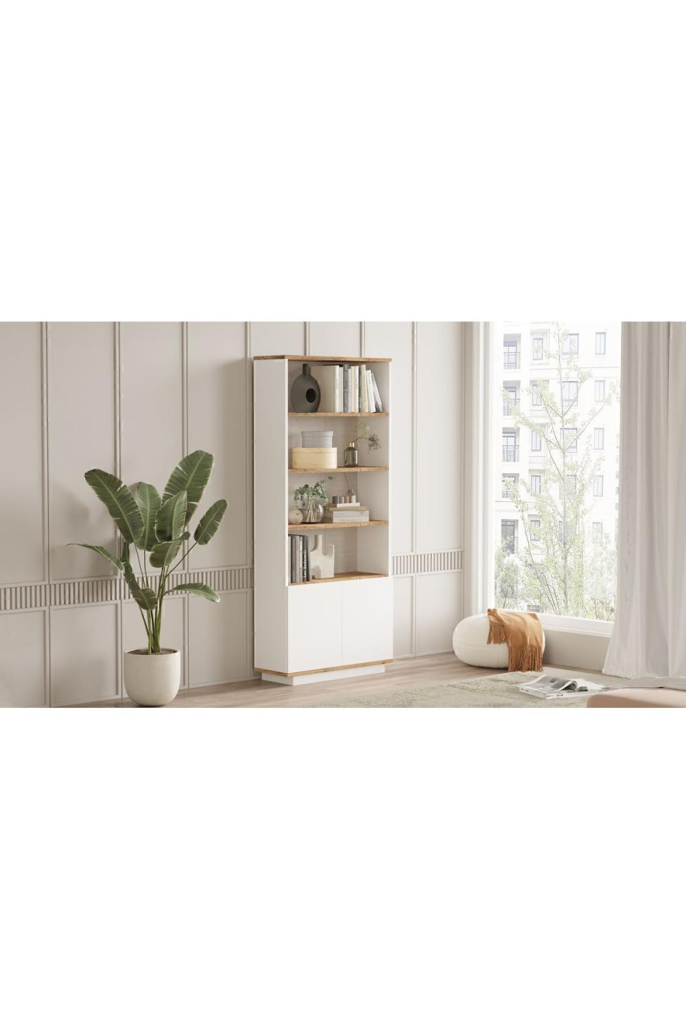 Aven Bibliothèque 168cm Étagère 2 Avec portes À étagères Pin-Blanc AVE16-AW