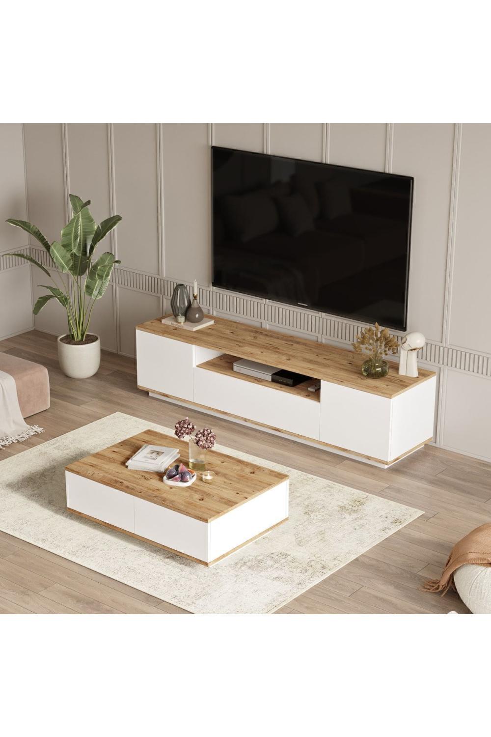 Ensemble Meuble TV et Table Basse Aven (2 Pièces) – Chêne et Blanc AVE17-AW