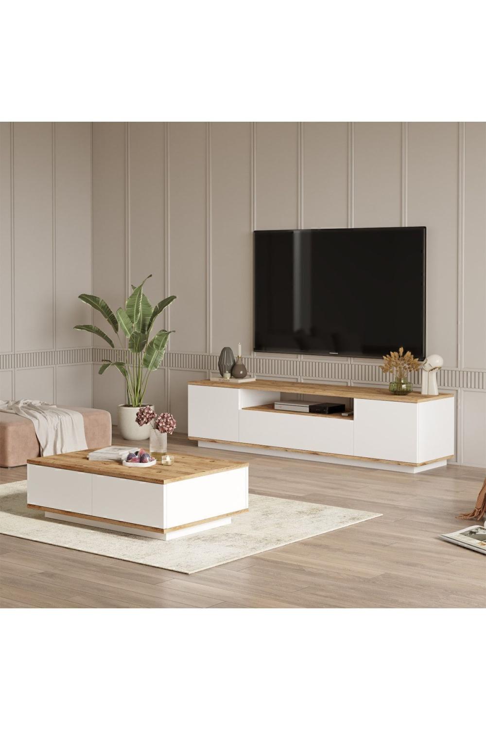 Ensemble Meuble TV et Table Basse Aven (2 Pièces) – Chêne et Blanc AVE17-AW