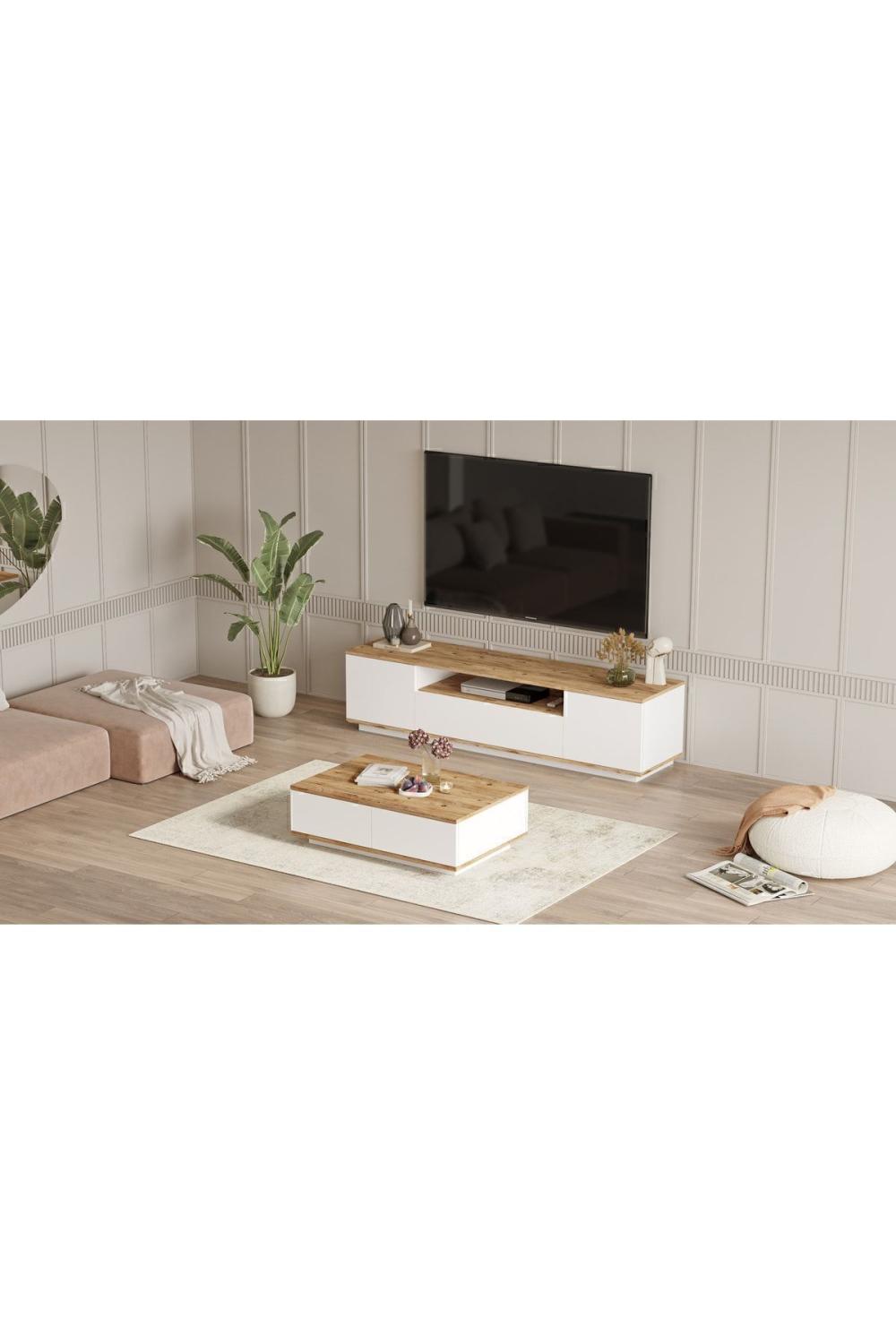 Ensemble Meuble TV et Table Basse Aven (2 Pièces) – Chêne et Blanc AVE17-AW