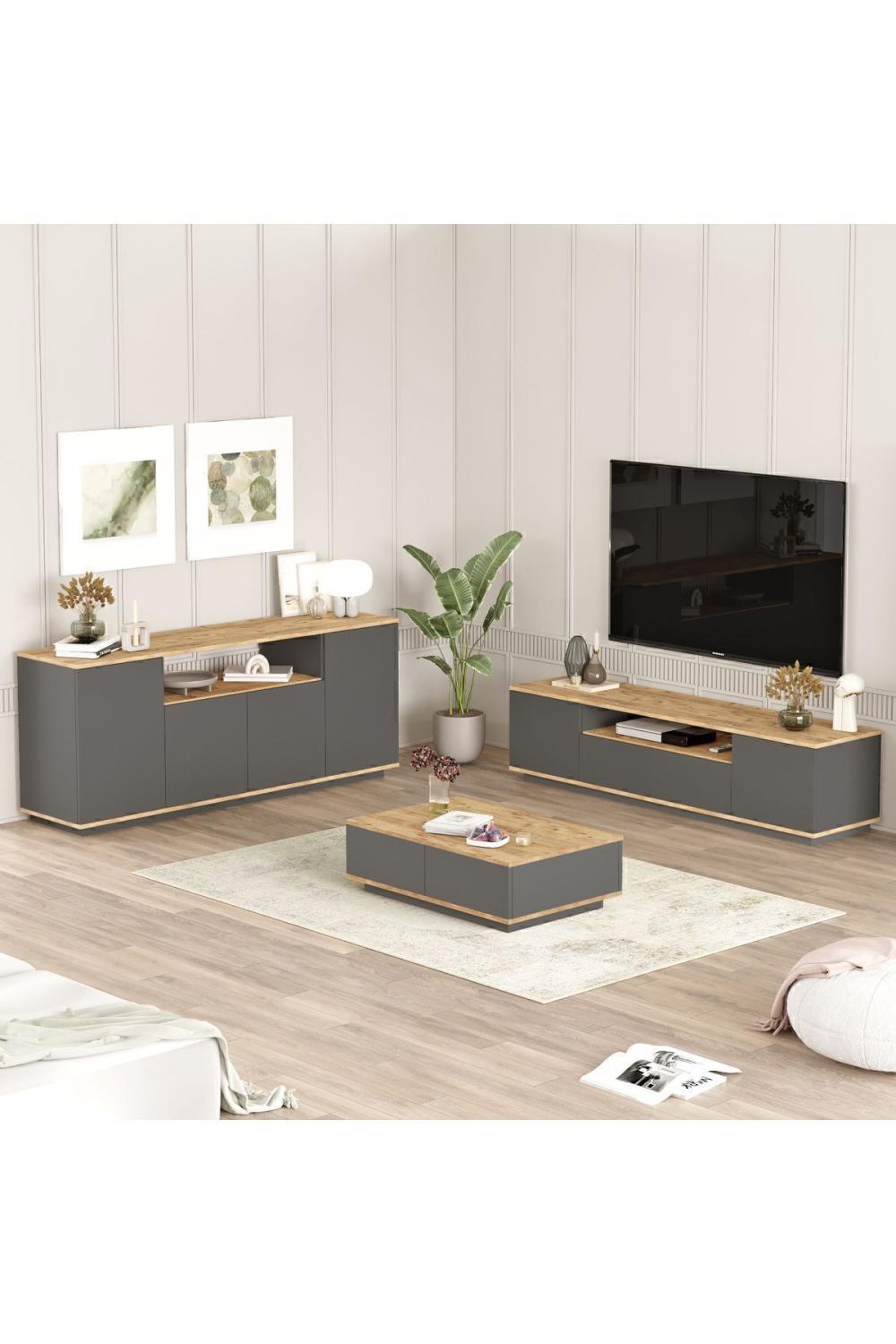 Aven Meuble TV Table basse Konsol 3'Lü Ensemble Pin-Anthracite AVE18-AA