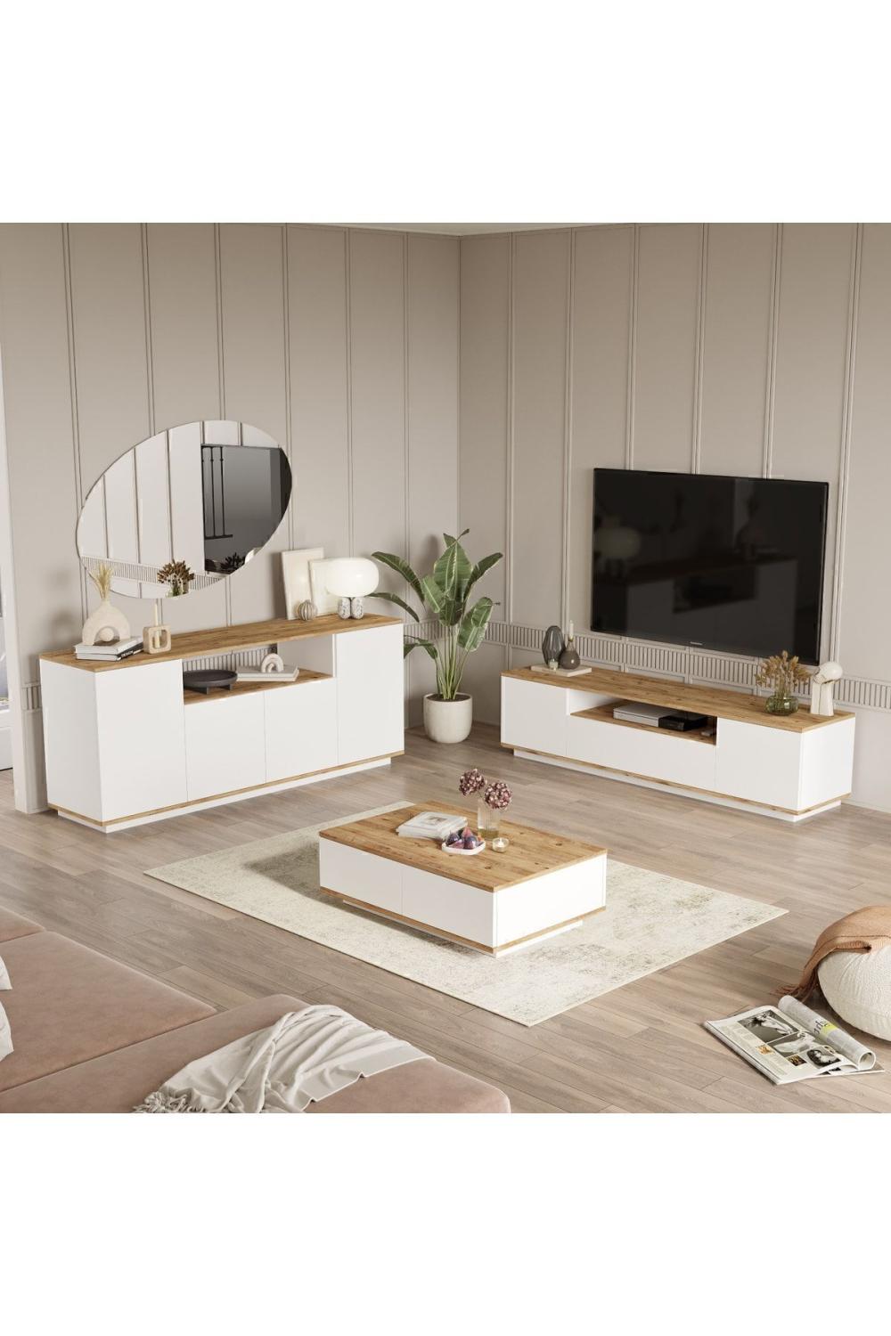Aven Meuble TV Table basse Konsol 3'Lü Ensemble Pin-Blanc AVE18-AW