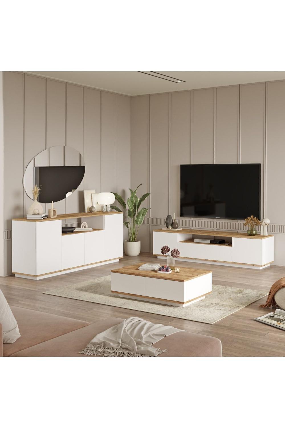 Aven Meuble TV Table basse Konsol 3'Lü Ensemble Pin-Blanc AVE18-AW