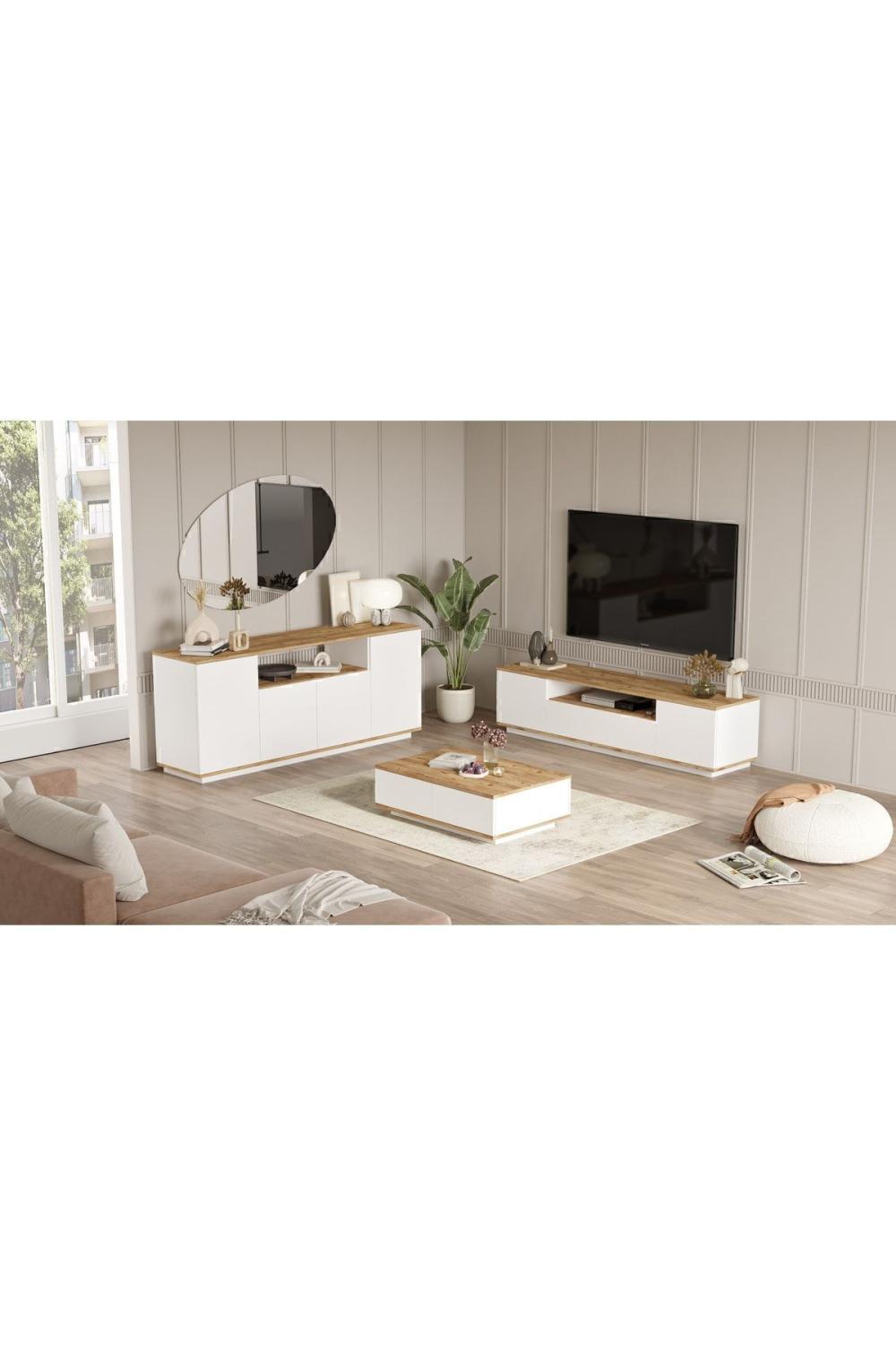 Aven Meuble TV Table basse Konsol 3'Lü Ensemble Pin-Blanc AVE18-AW