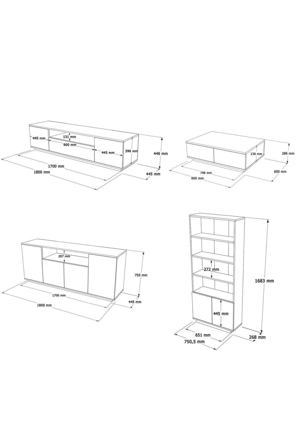 Aven Meuble TV Table basse Konsol Bibliothèque 4'lü Ensemble Pin-Anthracite AVE19-AA
