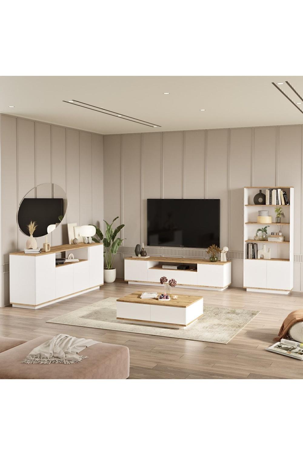 Aven Meuble TV Table basse Konsol Bibliothèque 4'lü Ensemble Pin-Blanc AVE19-AW