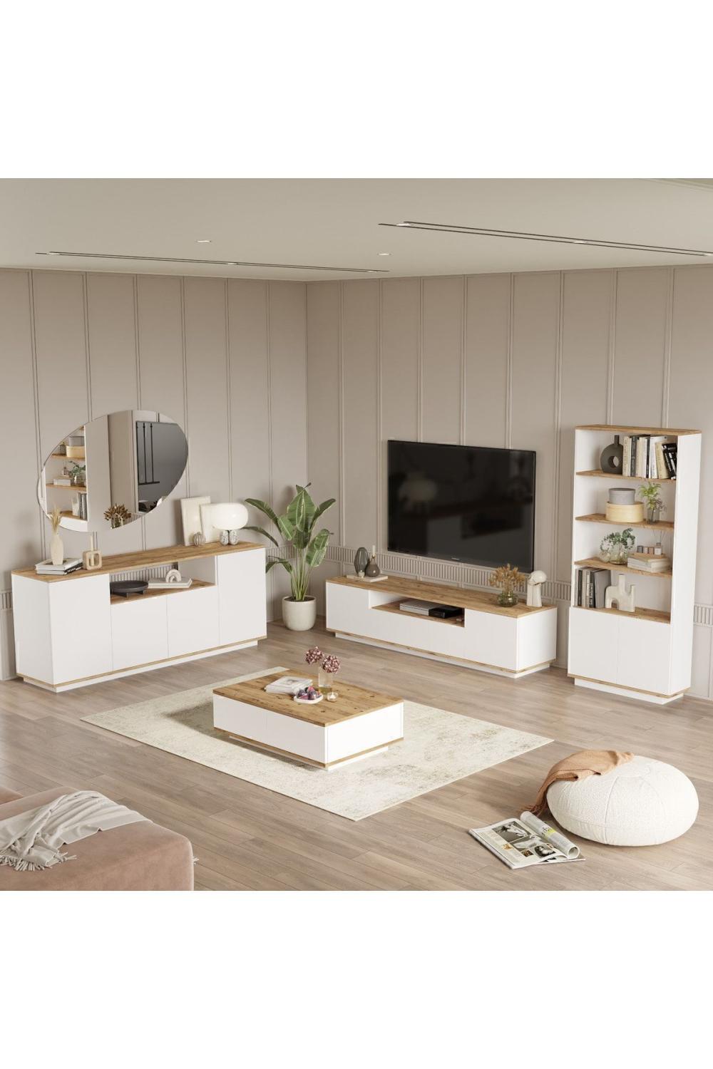 Aven TV Unit Coffee Table Konsol Bookcase 4'lü Set Pine-White AVE19-AW