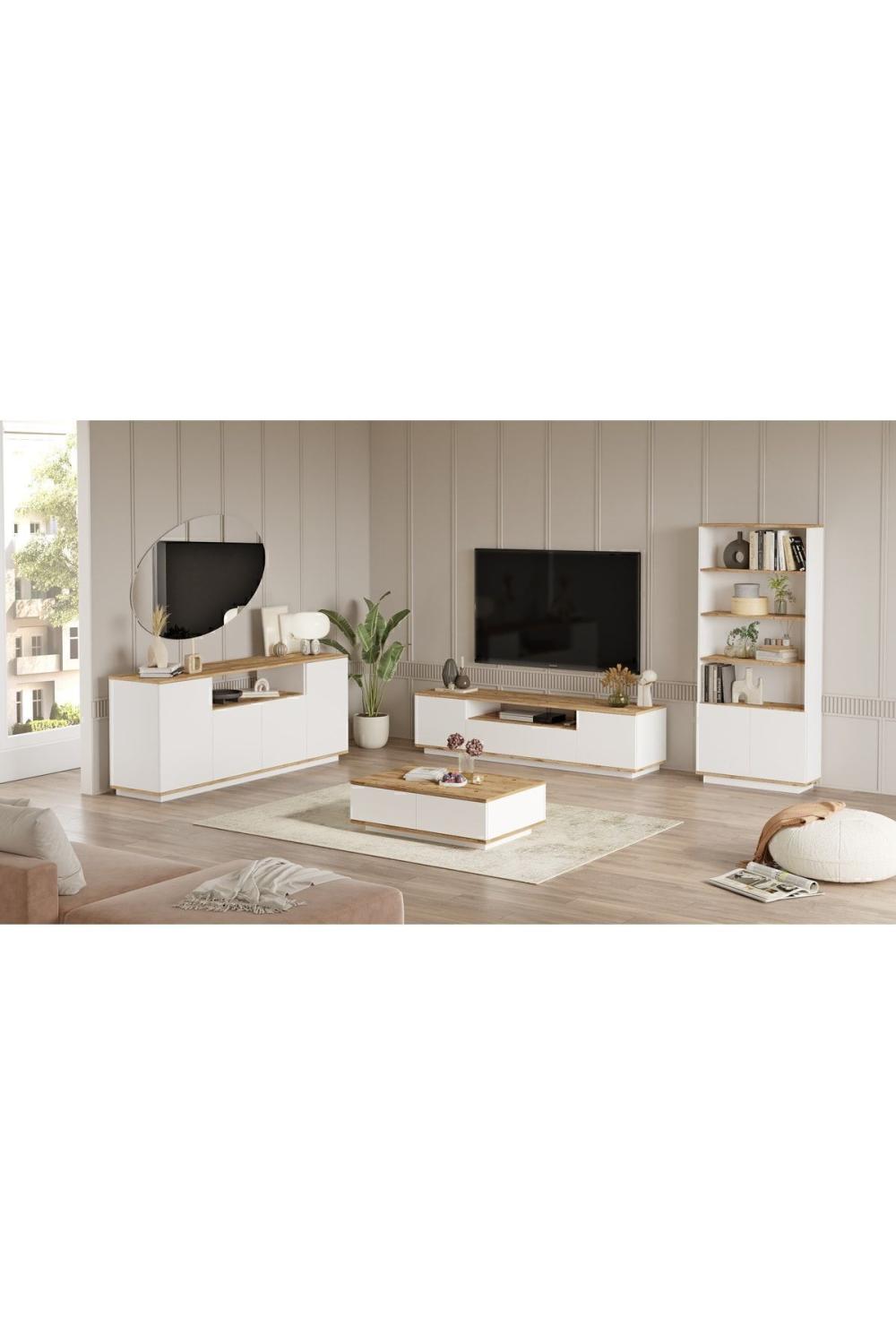 Aven TV Unit Coffee Table Konsol Bookcase 4'lü Set Pine-White AVE19-AW