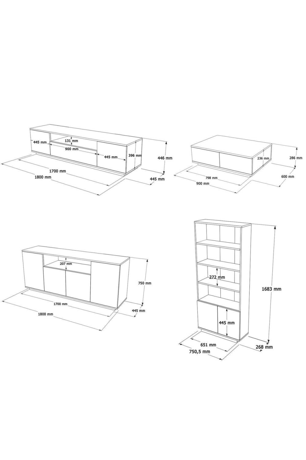 Aven TV Unit Coffee Table Konsol Bookcase 4'lü Set Pine-White AVE19-AW