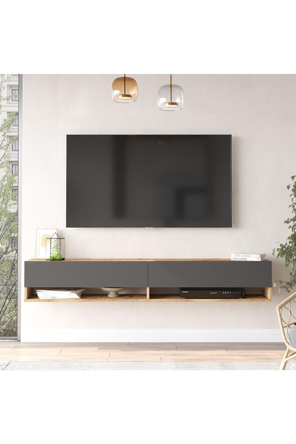 Aven Meuble TV Tv Table basse Avec portes À étagères 180cm Pin-Anthracite AVE9-AA