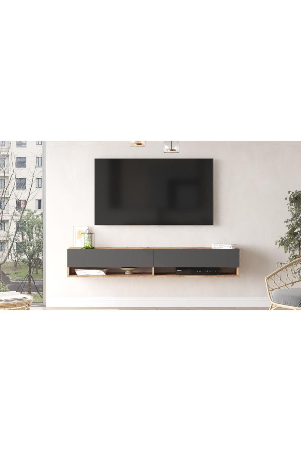 Aven Meuble TV Tv Table basse Avec portes À étagères 180cm Pin-Anthracite AVE9-AA