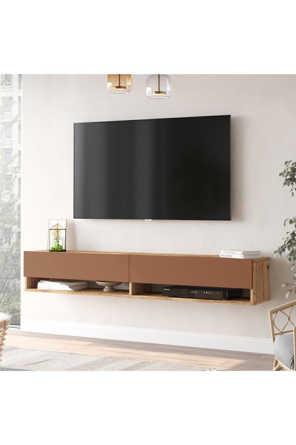 Aven Meuble TV Tv Table basse À étagères Avec portes 180cm Pin-Kiremit AVE9-AK