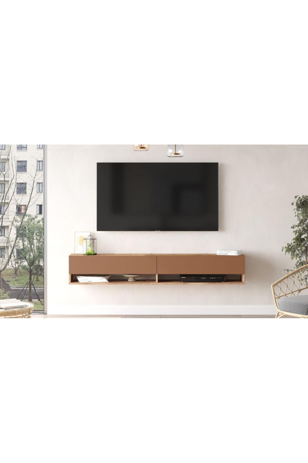 Aven Meuble TV Tv Table basse À étagères Avec portes 180cm Pin-Kiremit AVE9-AK