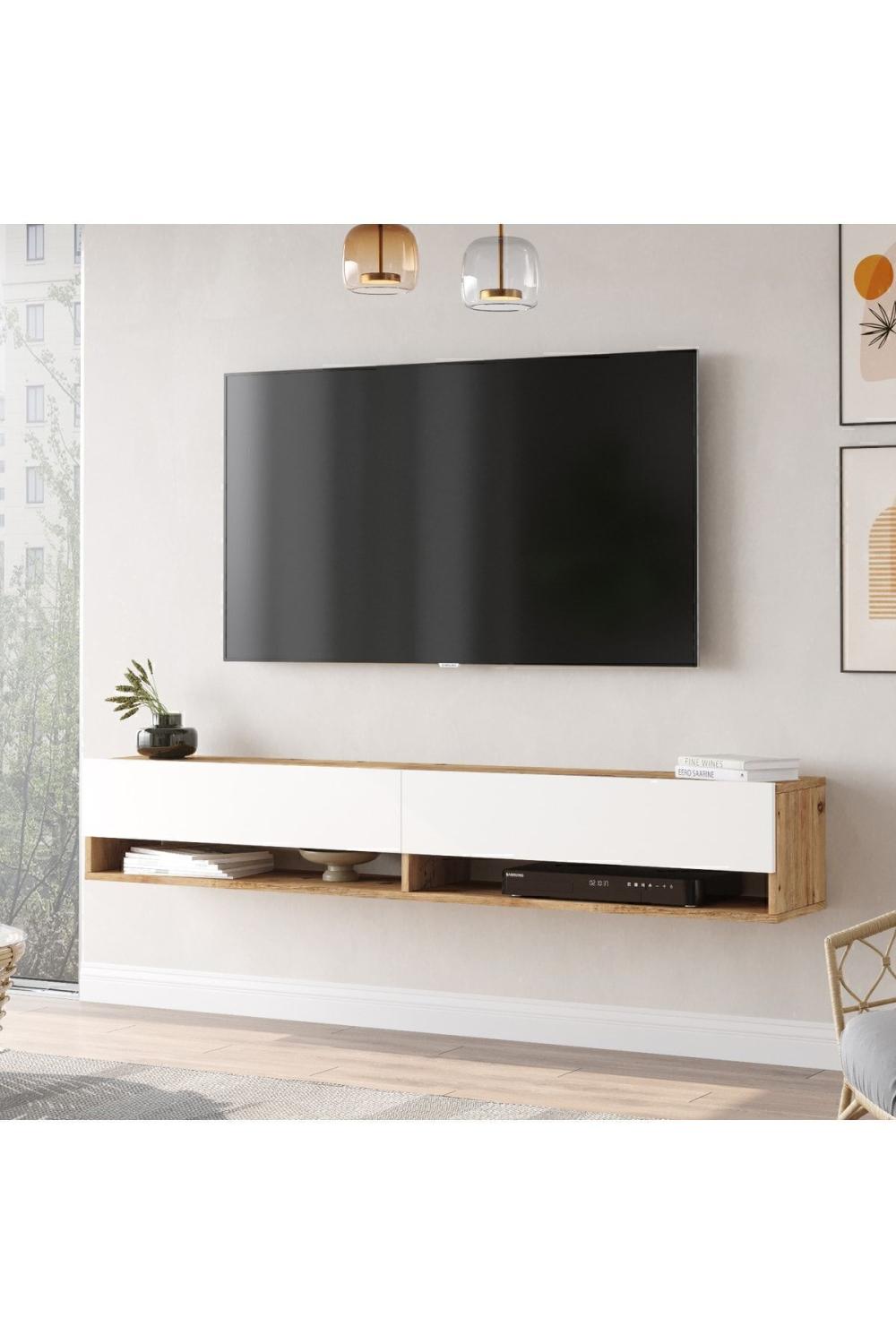 Aven Meuble TV Tv Table basse Avec portes À étagères 180cm Pin-Blanc AVE9-AW
