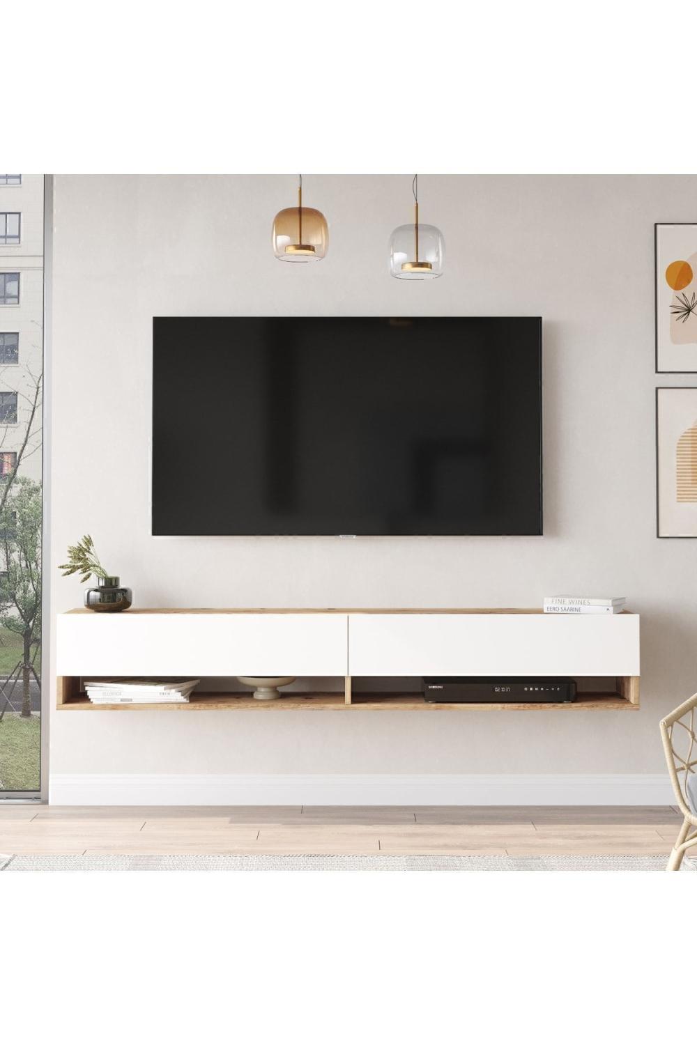 Aven Meuble TV Tv Table basse Avec portes À étagères 180cm Pin-Blanc AVE9-AW