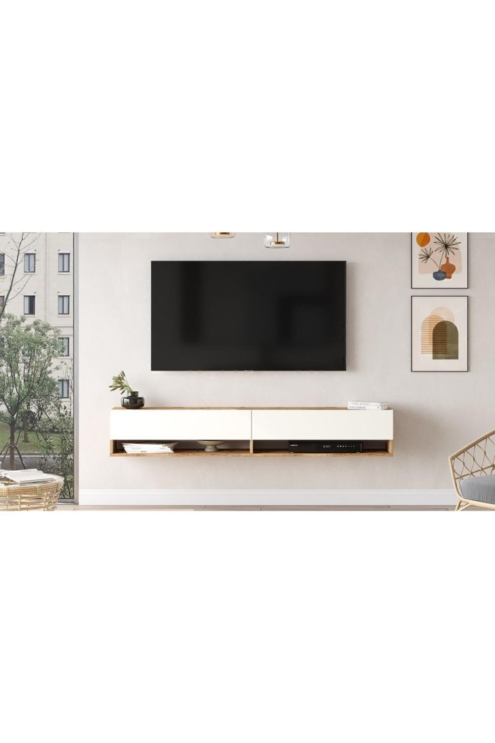 Aven Meuble TV Tv Table basse Avec portes À étagères 180cm Pin-Blanc AVE9-AW