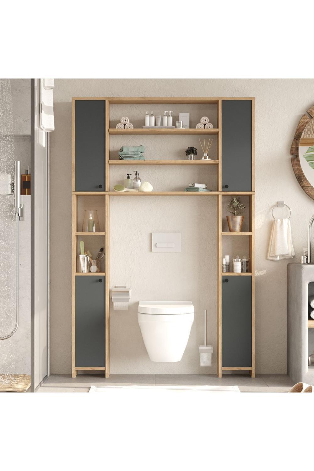 Bahez Multifonction Tuvalet Salle de bain Armoire Avec portes À étagères Sepet-Antrasit
