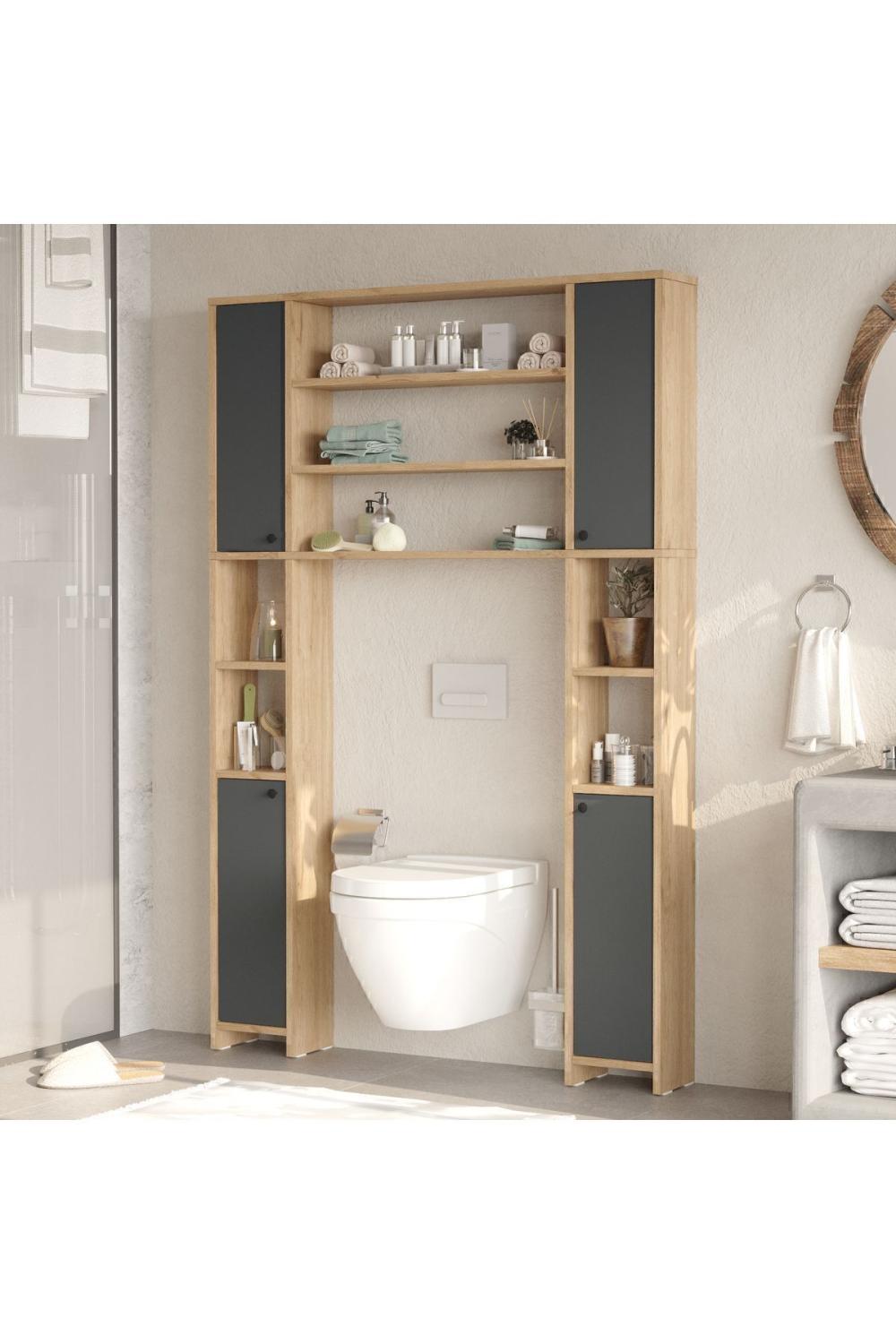 Bahez Multifonction Tuvalet Salle de bain Armoire Avec portes À étagères Sepet-Antrasit
