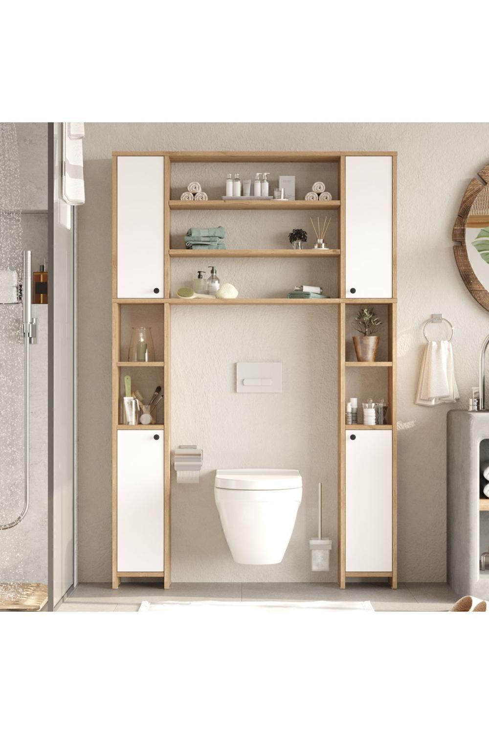 Bahez Multifonction Tuvalet Salle de bain Armoire Avec portes À étagères Panier-Blanc BAH1-SW
