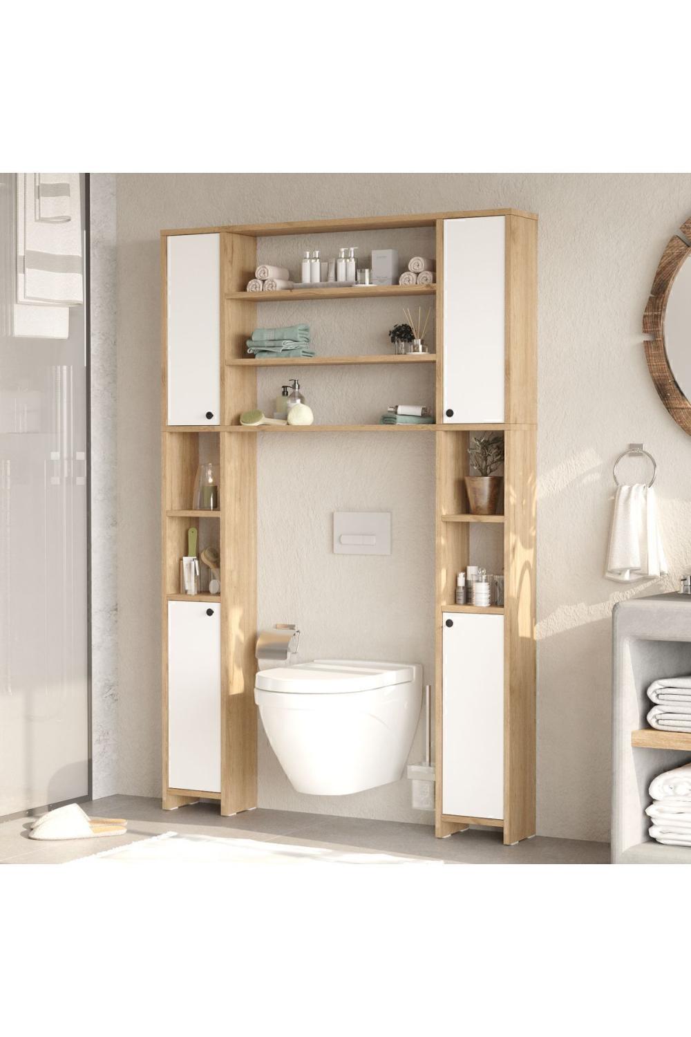 Bahez Multifonction Tuvalet Salle de bain Armoire Avec portes À étagères Panier-Blanc BAH1-SW