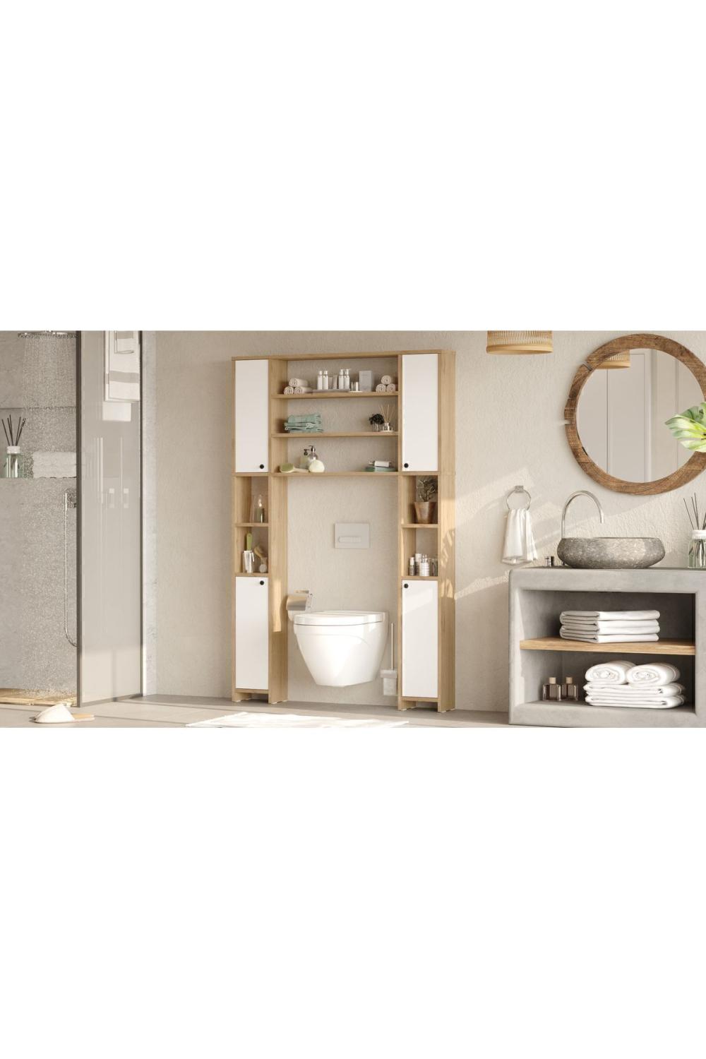 Bahez Multifonction Tuvalet Salle de bain Armoire Avec portes À étagères Panier-Blanc BAH1-SW