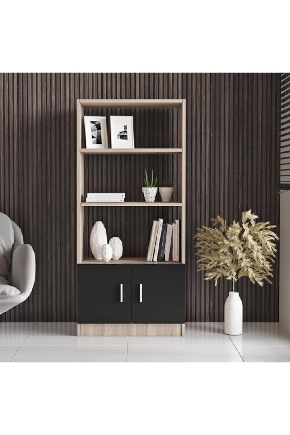Bega D Bureau Bibliothèque À étagères Avec portes 3 Couleur Chêne-Noir BEG4-OB