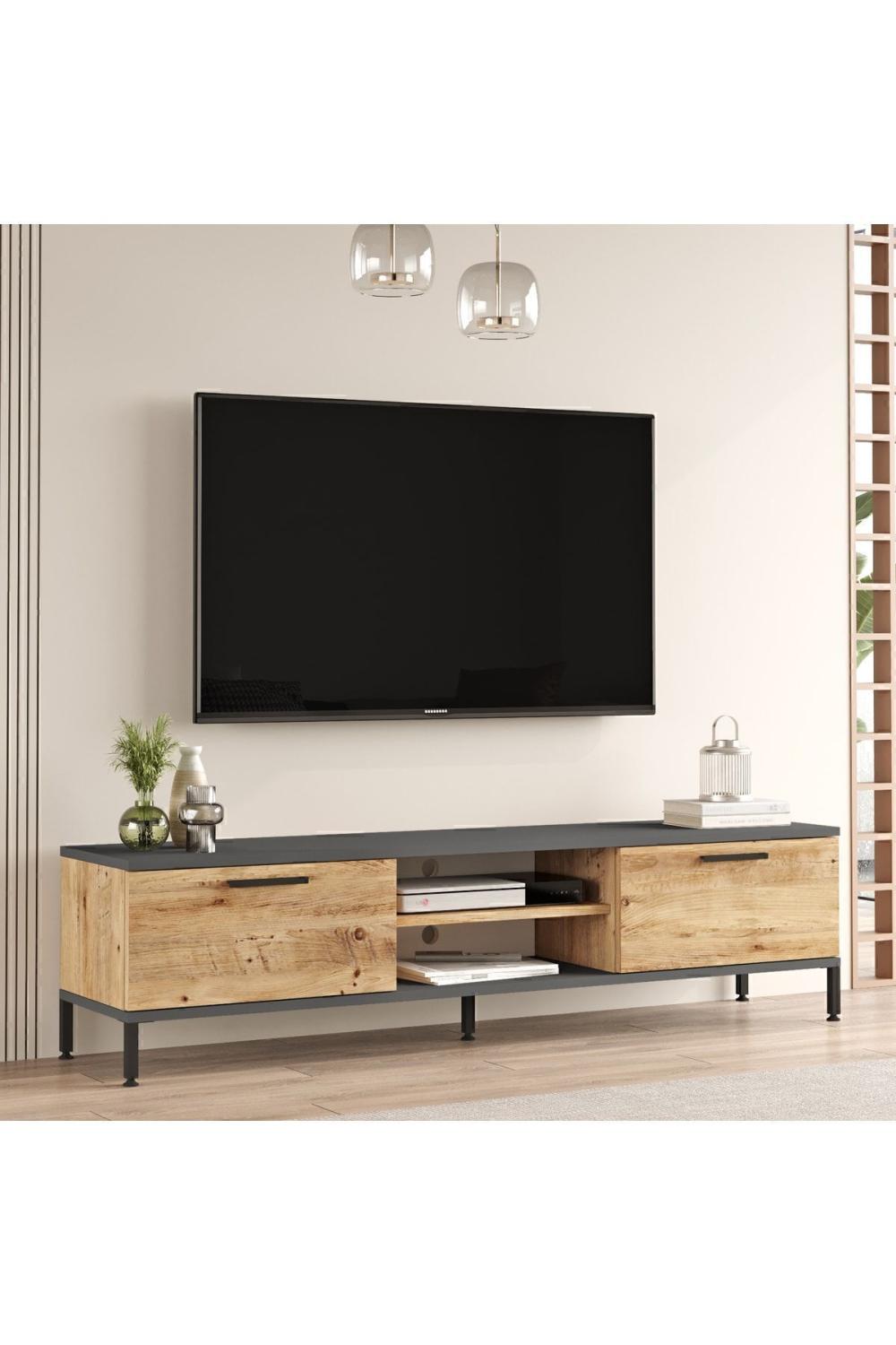 Meuble TV Best 140 cm avec Pieds Métalliques – Pin Atlantique & Anthracite BES1-AA