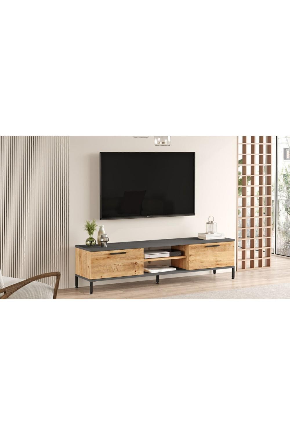 Meuble TV Best 140 cm avec Pieds Métalliques – Pin Atlantique & Anthracite BES1-AA