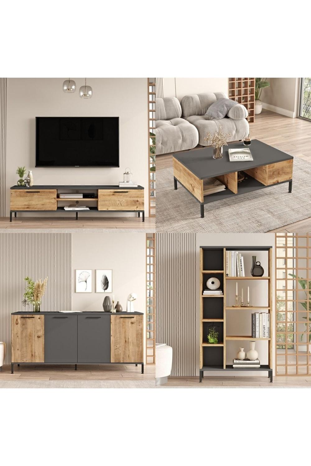 Best Meuble TV 4'lü Ensemble Table basse Konsol Bibliothèque Pin BES6-AA