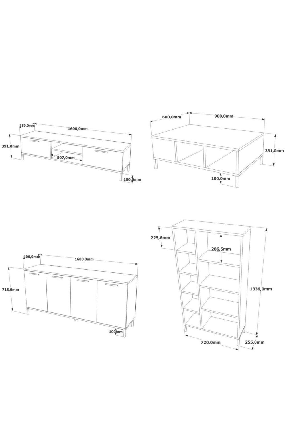 Best Meuble TV 4'lü Ensemble Table basse Konsol Bibliothèque Pin BES6-AA