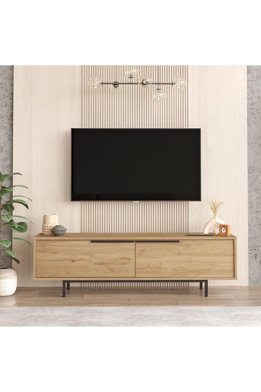 Meuble TV Bohem 160 cm avec Pieds Métalliques – Finition Panier (Aspect Jute) BOH1-S
