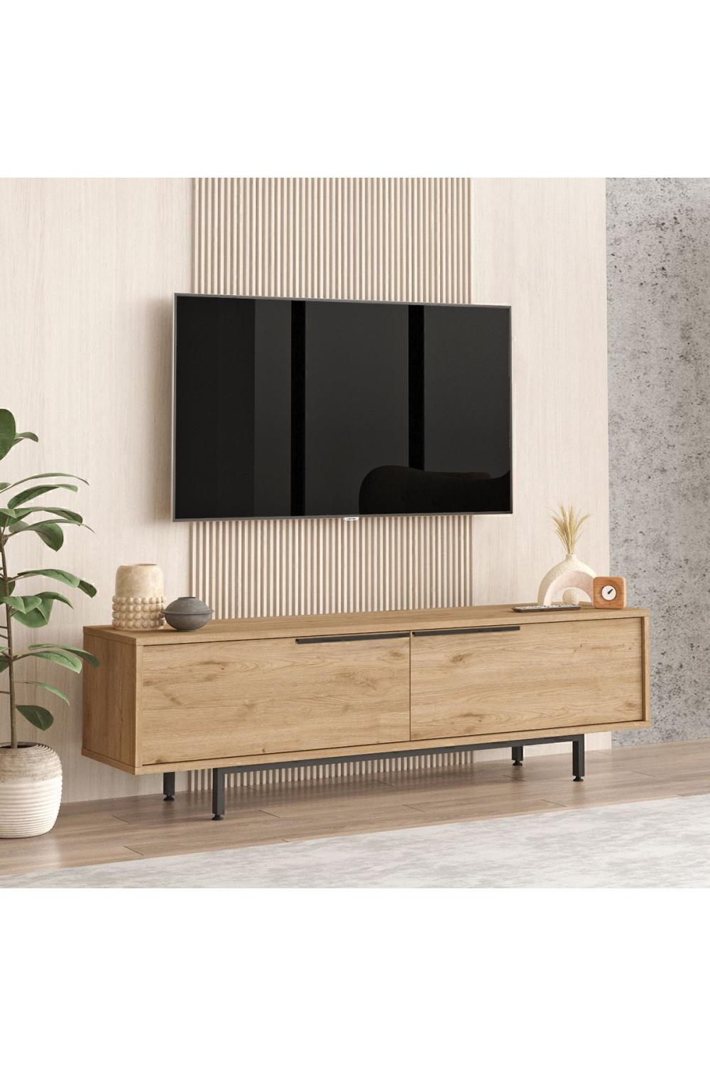 Meuble TV Bohem 160 cm avec Pieds Métalliques – Finition Panier (Aspect Jute) BOH1-S