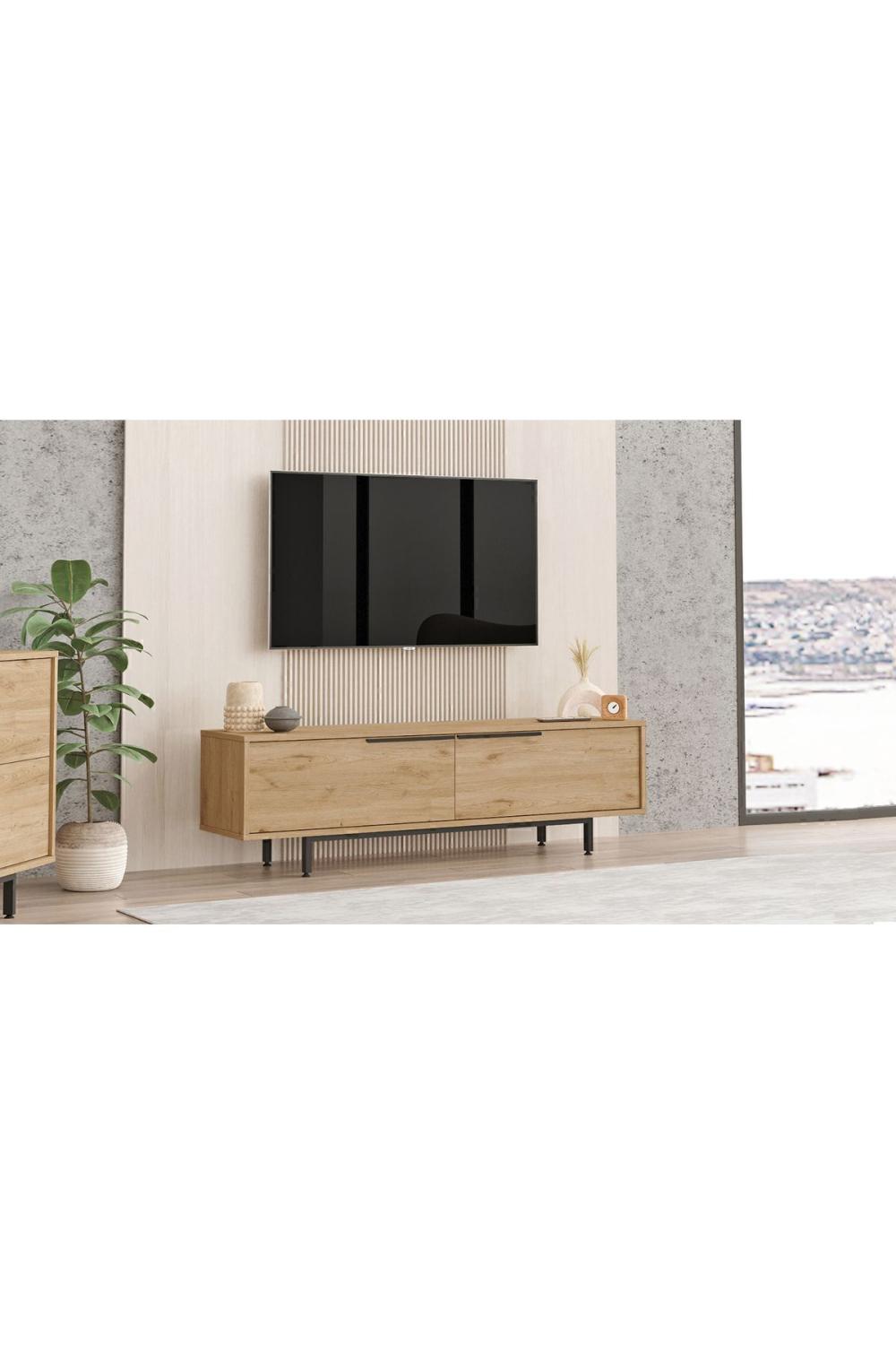 Meuble TV Bohem 160 cm avec Pieds Métalliques – Finition Panier (Aspect Jute) BOH1-S