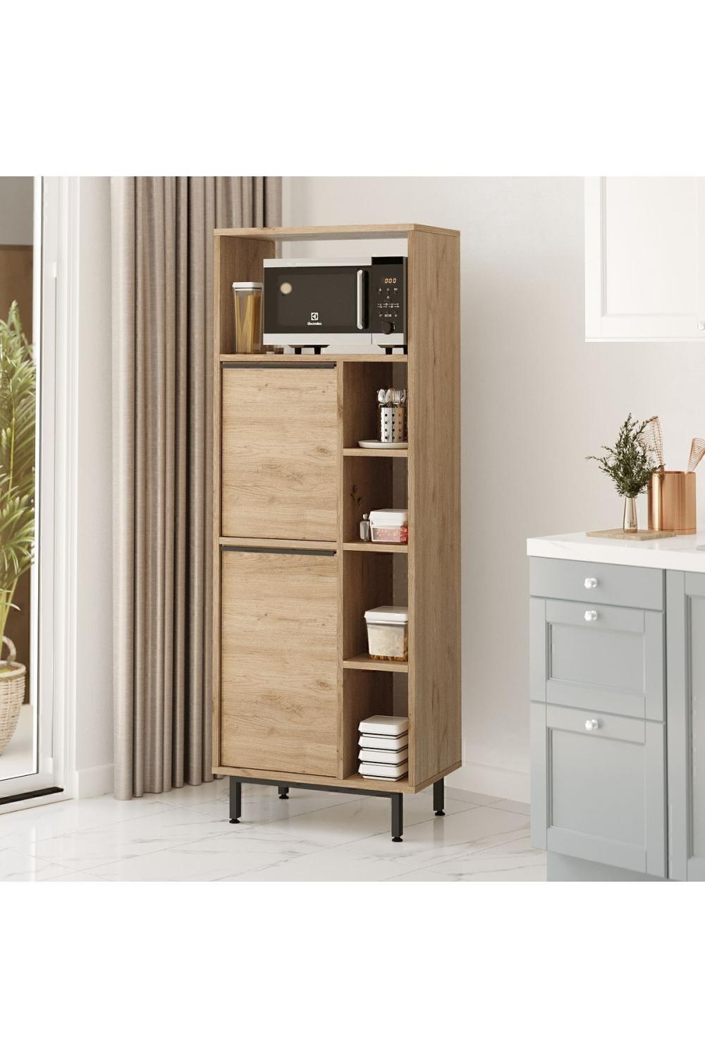 Bohem Kitchen Storage Cabinet with Microwave Unit, 2 Doors & Shelving, Metal Legs – Basket Finish (Jute Pattern) BOH10A-S