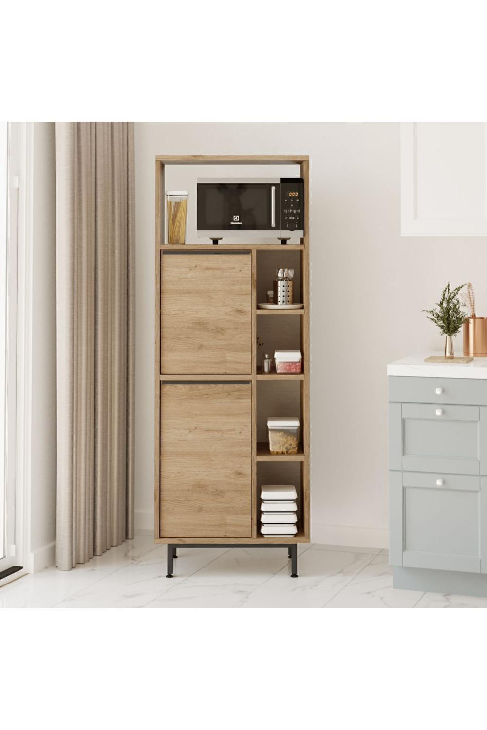 Bohem Kitchen Storage Cabinet with Microwave Unit, 2 Doors & Shelving, Metal Legs – Basket Finish (Jute Pattern) BOH10A-S