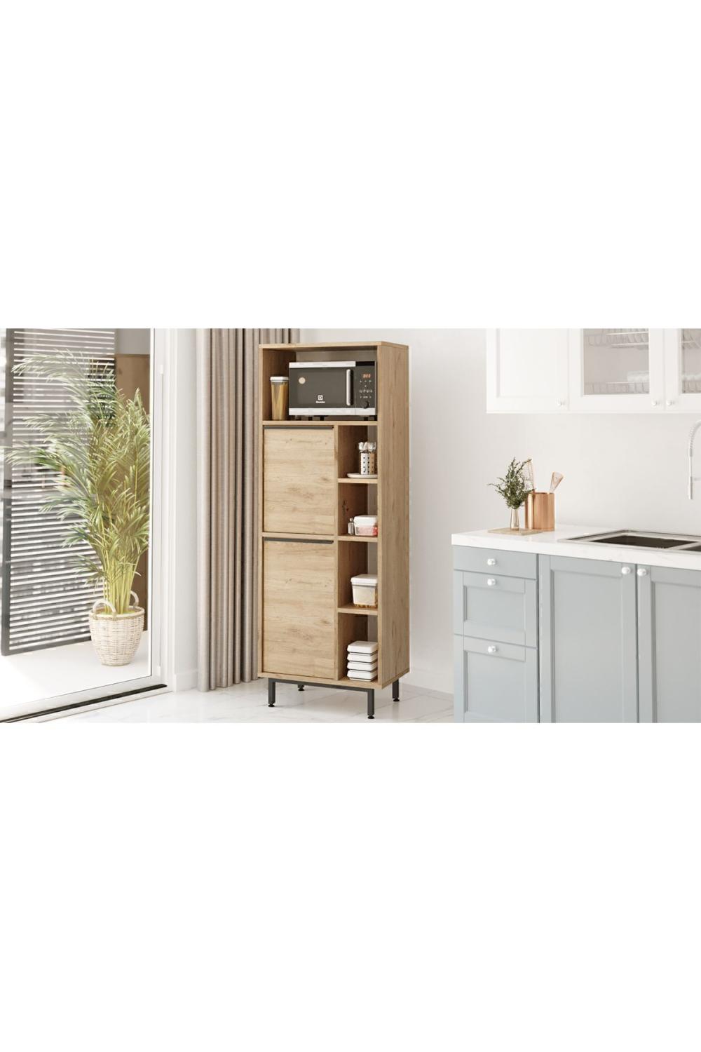 Bohem Kitchen Storage Cabinet with Microwave Unit, 2 Doors & Shelving, Metal Legs – Basket Finish (Jute Pattern) BOH10A-S